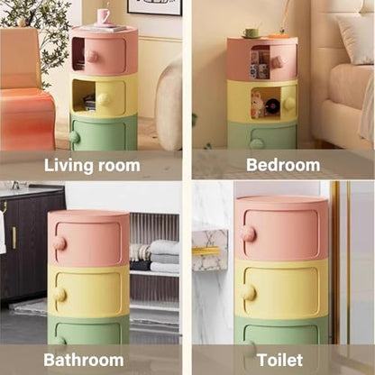 3 Tier Round Nightstand with Drawers, Plastic Green Nightstand Modern Round Bedside Table with Handles and Sliding Door for Bedroom, Living Room - color: Green
