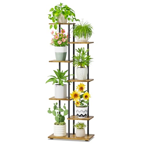 iDavosic.ly 6 Tier Tall Plant Stand Indoor, Tiered Corner Metal Wood Multiple Flower Holder Shelf, 50 Inch Orchid Display Rack for Patio Porch Living Room Balcony Outdoor, Modern Black & Rustic Brown - color: Rustic Brown, size: 6 Tier