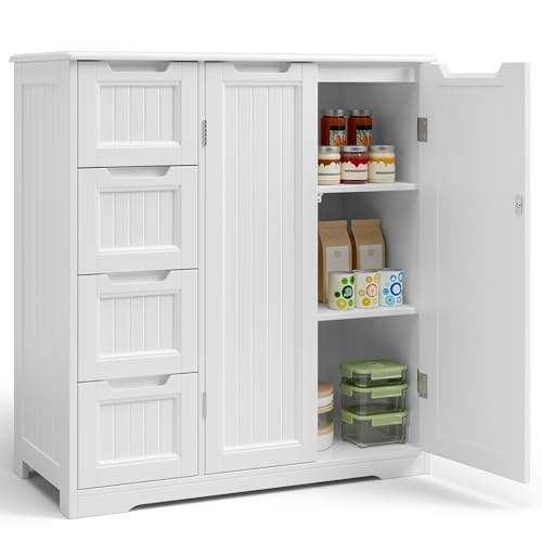 Gizoon Storage Cabinet, White Bathroom Storage Cabinet with 4 Drawers & Double Doors, Adjustable Shelf, Modern Floor Cabinet for Bathroom, Kitchen, Living Room, Entryway, White - color: White