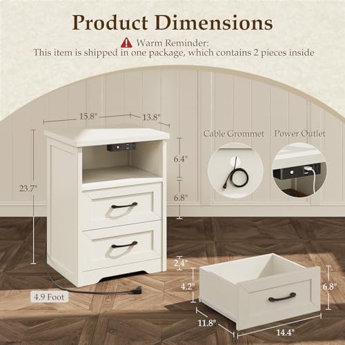 AODK Farmhouse Nightstand Set of 2, Bedside Tables with Charging Station & LED Lights, End Tables with Two Drawers and Open Storage, Rustic Bed Side Tables for Bedroom, Rustic White - color: Rustic White