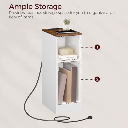 MAHANCRIS Narrow Nightstand, Narrow End Table with Charging Station, Skinny Bedside Table for Small Spaces, Mid Century Modern Night Stand for Bedroom, Living Roon, Rustic Brown and White ETBR30E01 - color: Rustic Brown and White