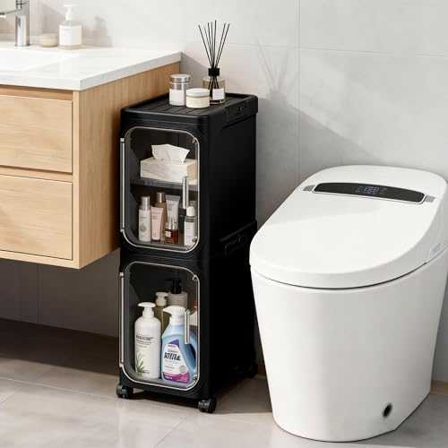 LXLXXL Narrow Storage Cabinet Slim Bathroom Storage Cabinet with Movable Wheels Tall Bathroom Organizer Skinny Cabinet for Small Spaces，2-Tier Black - color: Black, size: 2-tier