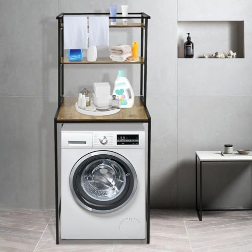 Over Washer and Dryer Shelves,Dryer Storage Shelf,3 Tiers Laundry Room Storage and Organizer Standing Shelf,Height Adjustable Laundry Room Shelves, Load-Bearing Capacity 22lbs (Black+ Oak) - color: Black+ Oak