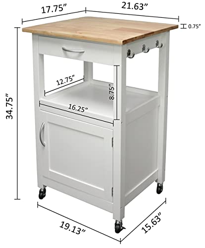 eHemco Kitchen Island Cart on Wheels, White Base | Drawer, Storage Cabinet, Shelf, Natural Solid Hardwood Top - color: White