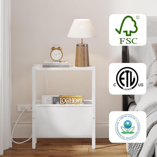 Narrow Side Table with Charging Station, Skinny Nightstand with USB Ports & Outlet, Slim Sofa Side Table with Storage Bag, Small End Table for Small Spaces, Living Room, Bedroom, White - color: White