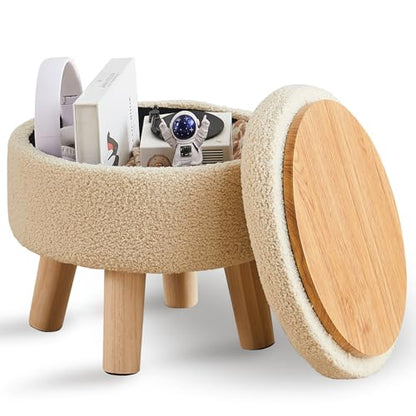 Wimarsbon Storage Ottoman, Modern Round Footrest with Soft Padded Seat, Teddy Velvet Footstool with Wood Legs, Accent Small Table or Plant Stand for Hallway, Living Room (Off-White) - color: Off-white
