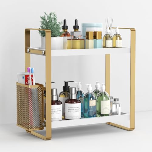LEMIKKLE Bathroom Counter Organizer with Basket, Perfume,Makeup Organizers for Vanity,Storage Organizers for Bathroom, Kitchen, Dresser（White） - color: White