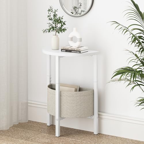 Vagusicc Side Table, Small Round End Table, Tall Accent Table with Storage Basket, Set of 2 Half Round Coffee Tables Half Moon Tables, Bedside Table, Modern Nightstand for Living Room Bedroom, White - color: White