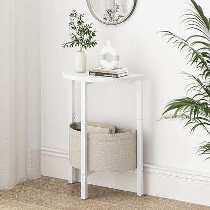 Vagusicc Side Table, Small Round End Table, Tall Accent Table with Storage Basket, Set of 2 Half Round Coffee Tables Half Moon Tables, Bedside Table, Modern Nightstand for Living Room Bedroom, White - color: White