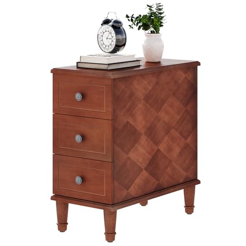 LITTLE TREE Fully Assembled End Table, Narrow Side Table with 3 Drawers, Pre-Assembled Nightstand Slim Bedside Table for Small Spaces, Living Room, Bedroom, Brown - color: Brown