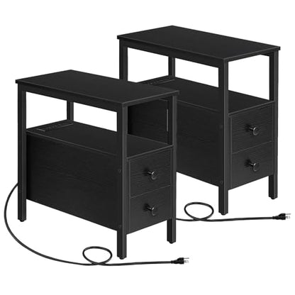 HOOBRO Set of 2 End Tables with Charging Station, Narrow Side Table with Drawers & USB Port & Power Outlets, Nightstand for Small Spaces, Living Room, Stable and Sturdy, Black BK541BZP201 - color: Black