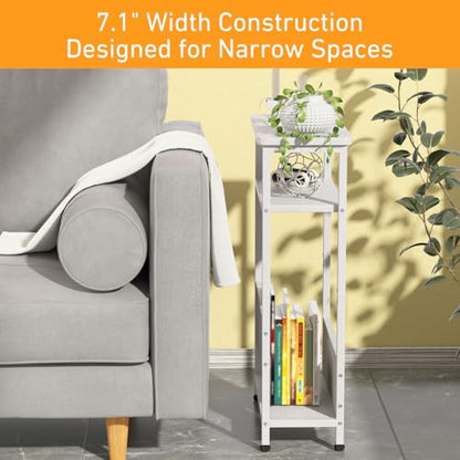 THUMEYE 7.1" Narrow Side Table for Small Spaces, 3 Tier Small End Table with Magazine Holder, Slim/Skinny Nightstand/Bedside Table for Living Room, Bedroom, 15.4" L x 24.2" H, White - color: White