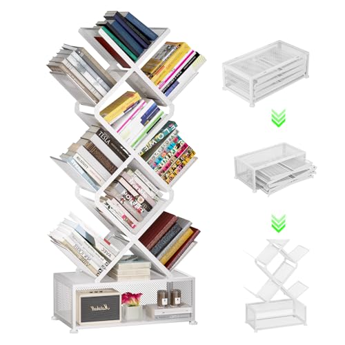 Gintan 9-Tier Corner Bookshelf with Storage,Bedroom Shelves Folding Bookshelves,No Installation Required Shelf Tree Bookcase for Living Room,Study,Home Office,Bed Room (White) - color: White