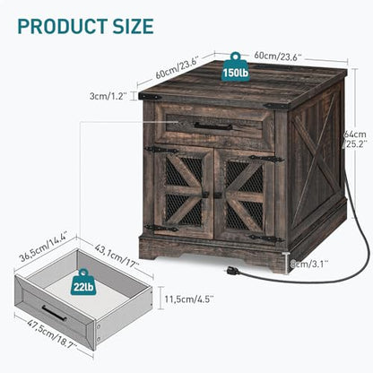 RALGEND Farmhouse End Table with Charging Station, 24" Large Sofa Side Table with Drawer, Large End Table for Living Room, Wooden Nightstand with Outlet, Square, Dark Rustic Oak - color: Dark Rustic Oak