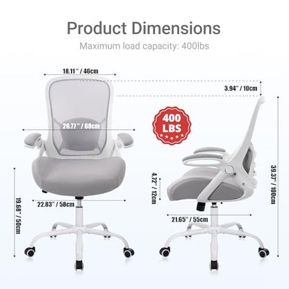 HYLONE 400lbs Heavy Duty Office Chair, 5" Thickened Seat Ergonomic Desk Chair with Adjustable Armrests, Home Office Computer Chairs for Long Hours Mesh Executive Chair(Grey) - color: White & Grey, size: Thicken Cushion