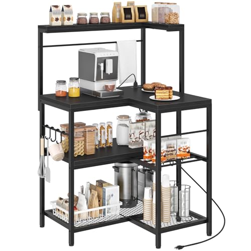 HOOBRO L-Shaped Bakers Rack with Power Outlet, 4-Tier Corner Microwave Stand with Storage, Coffee Bar Station with 8 Hooks, Kitchen Shelf Rack, 2 Installation Methods, Black BB20UHB01 - color: Black