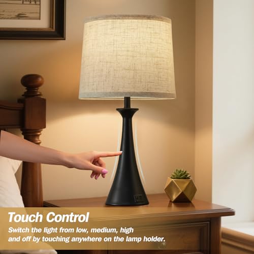 Touch Lamp for Living Room Bedroom, 21" Table Lamps Set of 2 with USB C+A Ports, Touch Bedside Lamps for Nightstand with 3 Way Dimmable, 2 LED Bulbs Included, Black - color: Black 2pcs