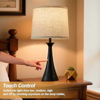 Touch Lamp for Living Room Bedroom, 21" Table Lamps Set of 2 with USB C+A Ports, Touch Bedside Lamps for Nightstand with 3 Way Dimmable, 2 LED Bulbs Included, Black - color: Black 2pcs