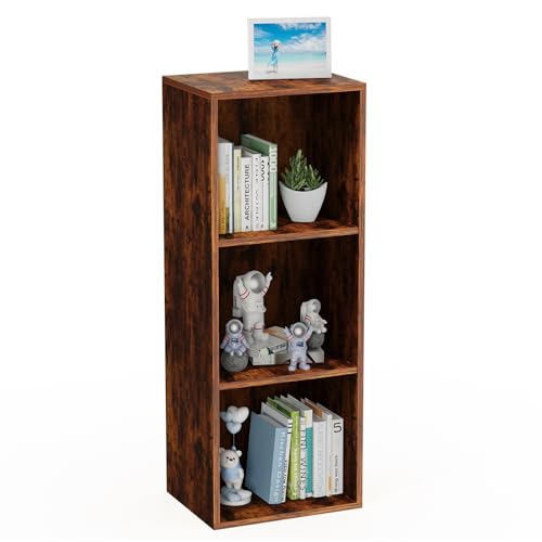 3 Tier Bookshelf, Narrow Bookcase for Small Spaces, Wooden Book Case Bookshelves Storage Organizer for Bedroom Living Room Home Office (Retro Brown, 3 Cube) - color: Retro Brown, size: 3-Cube