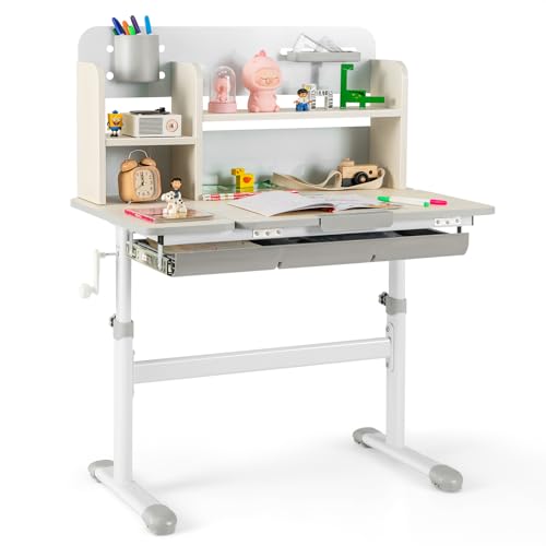 Costzon Kids Study Desk, Height Adjustable Children School Desk with Storage, Tilt Desktop, Pen Holder & Scale Ruler, Student Computer Desk Writing Table for Home School Use, Desk for Kids (Grey) - color: Grey, size: 31.5" x 20" x 34.5"-43.5"