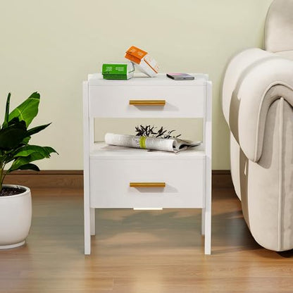 Nightstand with 2 Drawers and Open Shelf Wooden Bedside Table Gold Handles Modern Storage Night Stand Sensor Light for Bedroom, White - color: White