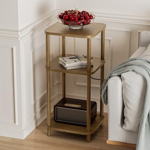 Bamboo End Table with Charging Station, Side Table for Small Space, Small Table Stand, Narrow Wooden Bedside Table Nightstand with Shelves, for Nursery, Living Room, Bedroom, Brown - color: Brown