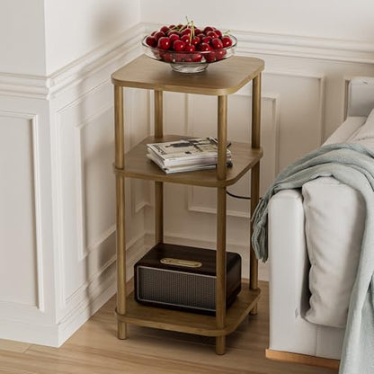Bamboo End Table with Charging Station, Side Table for Small Space, Small Table Stand, Narrow Wooden Bedside Table Nightstand with Shelves, for Nursery, Living Room, Bedroom, Brown - color: Brown