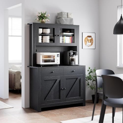 GarveeHome Kitchen Pantry Cabinet with Microwave Stand, Freestanding Hutch Cabinet with Buffet Cupboard, Tall Kitchen Cabinets with Adjustable Shelves for Dining Room, Black