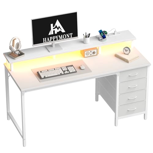 47" Computer Desk with Power Outlets and LED Lights, White | Gaming Desk with Drawers and Monitor Stand, Reversible Home Office Desk for Working Writing Study