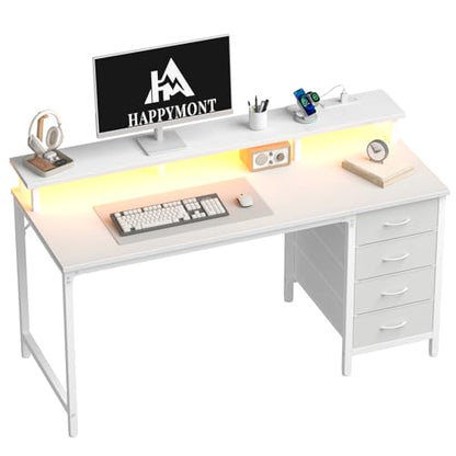 47" Computer Desk with Power Outlets and LED Lights, White | Gaming Desk with Drawers and Monitor Stand, Reversible Home Office Desk for Working Writing Study