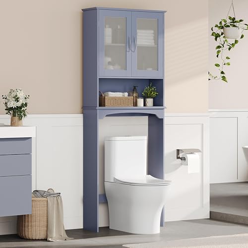 Yaheetech Over The Toilet Storage Cabinet, Free Standing Toilet Rack with Adjustable Shelves and Tempered Glass Doors for Bathroom Washroom, Grey - color: Grey