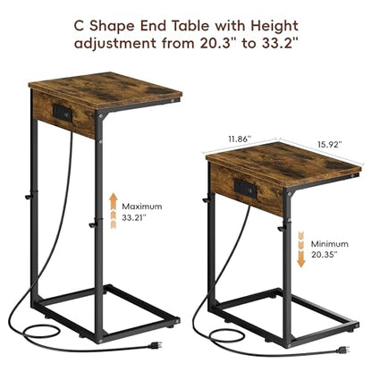 Vagusicc C Shaped End Table with Charging Station, Adjustable Height Side Table for Couch, Small Side Table, 33.2'' Tall Couch Tables that Slide Under, Tv Tray End Table for Living Room, Rustic Brown - color: Rustic Brown (1 Pack), style: With Plug