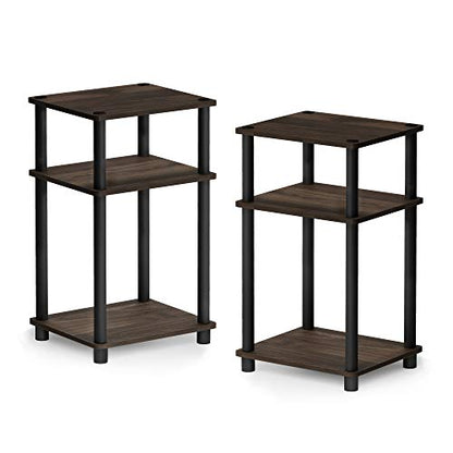 Furinno Just 3-Tier Turn-N-Tube End Table / Side Table / Night Stand / Bedside Table with Plastic Poles, 2-Pack, Columbia Walnut/Black - color: Columbia Walnut/Black, size: 3-Tier, Round Pole, style: 2-Pack