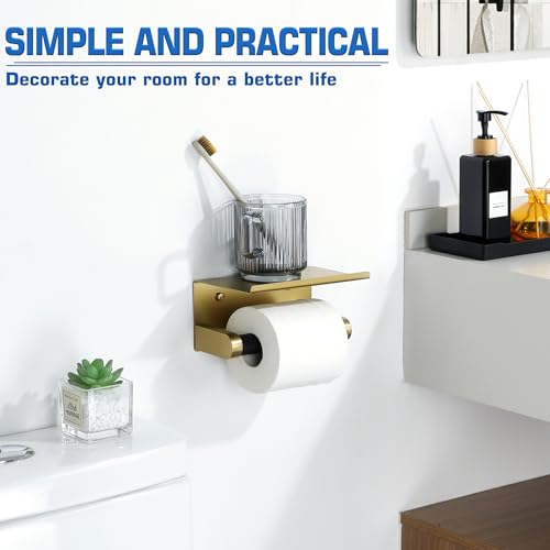 Alise Toilet Paper Holder Adhesive Toilet Paper Roll Holder SUS304 Stainless Steel Toilet Paper Holder with Shelf Spring Loaded Tissue Holder Wall Mount(Adhesive or Screw),Gold and Black Finish - color: Gold and Black, size: with Shelf