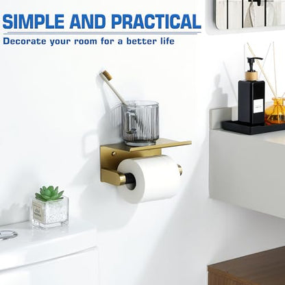 Alise Toilet Paper Holder Adhesive Toilet Paper Roll Holder SUS304 Stainless Steel Toilet Paper Holder with Shelf Spring Loaded Tissue Holder Wall Mount(Adhesive or Screw),Gold and Black Finish - color: Gold and Black, size: with Shelf