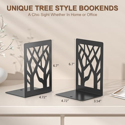 VFINE 2-Piece Modern Metal Bookends for Shelves, Black Tree Book Ends for Books, Decorative Book Organizer for Desk, Non-Skid Shelve Bookends for Home Office - style: Black bookend 1 pair