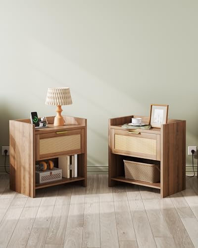 WLIVE Rattan Nightstands Set of 2, Night Stand Sets with Charging Station, Boho Bed Side Table with Storage Drawer and Open Shelf, End Tables Bedroom, Natural Oak - color: Natural Oak+2 Pcs, style: Bohemian