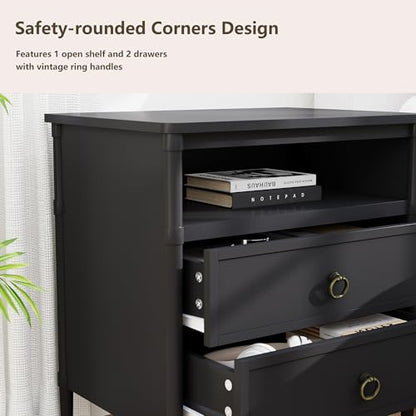 Nightstand, Mid Century Modern Night Stand with 2 Drawers and Open Shelf, Beside Table with Distressed Ring Handle for Bedroom - color: Black