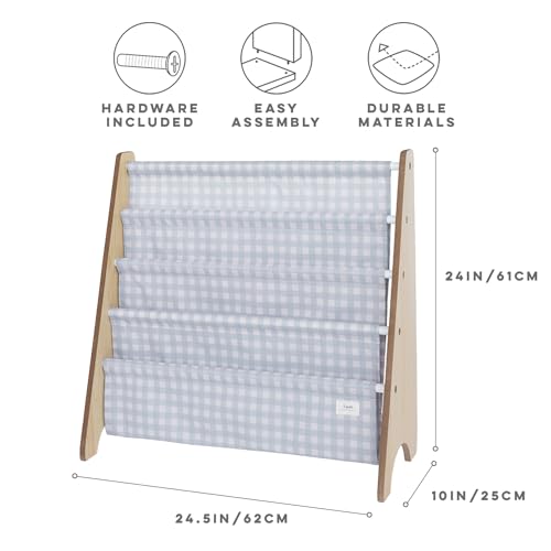 3 Sprouts Recycled Kids Bookshelf, Holds 35 Books, 4-Tier, Gingham Blue | Space-saving bookshelf, Children's room, Toddler bookcase organizer, Ages 3+, Book/toy storage, Front-facing, Covers visible - color: Gingham Blue