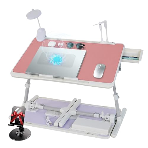 iXTRA Laptop Lap Desk Include Cooling Fan,Adjustable Lap Desk with Light Fan,Folding Laptop Desk for Bed with USB,Bed Desk with Storage Drawer 56x32cm,Pink - color: Pink+holder,56x32cm