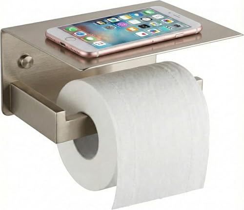 Toilet Paper Holder with Phone Shelf, Brushed Nickel | SUS304 stainless steel, screw-mounted, phone shelf with raised lip, fits standard toilet paper rolls - color: Brushed Nickel