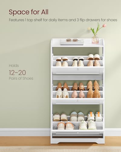 VASAGLE Shoe Cabinet with 3 Flip Drawers, Shoe Organizer, Adjustable and Removable Dividers, Holds 12-20 Pairs, Entryway, 9.4 x 23.6 x 47.7 Inches, Cloud White ULBC036WB02S - color: Cloud White, size: 9.5"d X 23.6"w X 47.7"h-shoe Cabinet