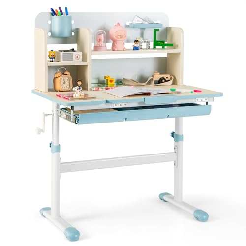 Costzon Kids Study Desk, Height Adjustable Children School Desk with Storage, Tilt Desktop, Pen Holder & Scale Ruler, Student Computer Desk Writing Table for Home School Use, Desk for Kids (Blue) - color: Blue, size: 31.5" x 20" x 34.5"-43.5"