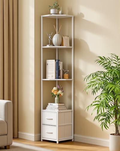 Housolution 6 Tier Corner Shelf Stand with Storage and Fabric Drawers,White | 63.4'' Tall Narrow Corner Bookshelf, Freestanding Corners Storage Shelf for Living Room Bedroom Small Space - color: 1-white, style: 6 Tier