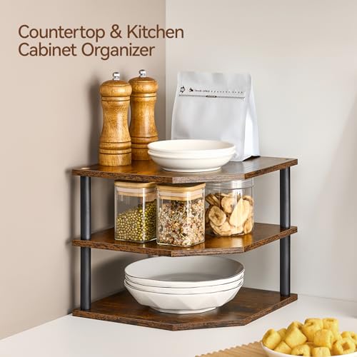 Wooden 3 Tier Corner Shelf, Countertop Storage Organizer for Kitchen Cabinets and Desk, Plates, Dishes, Bread and Small Space Decor, Adjustable