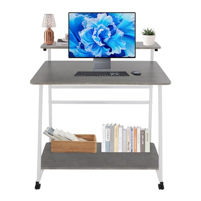 3 Tiers Rolling Computer Desk, 31.5 Inch Home Office Desk with 4 Wheels & 4 Foot Pads, Mobile Small Computer Desk, Student Study Table for Small Space Bedroom (White+Grey) - color: White+grey
