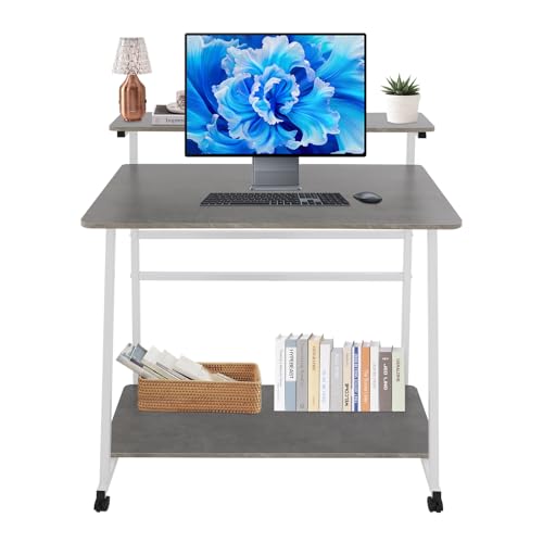 3 Tiers Rolling Computer Desk, 31.5 Inch Home Office Desk with 4 Wheels & 4 Foot Pads, Mobile Small Computer Desk, Student Study Table for Small Space Bedroom (White+Grey) - color: White+grey