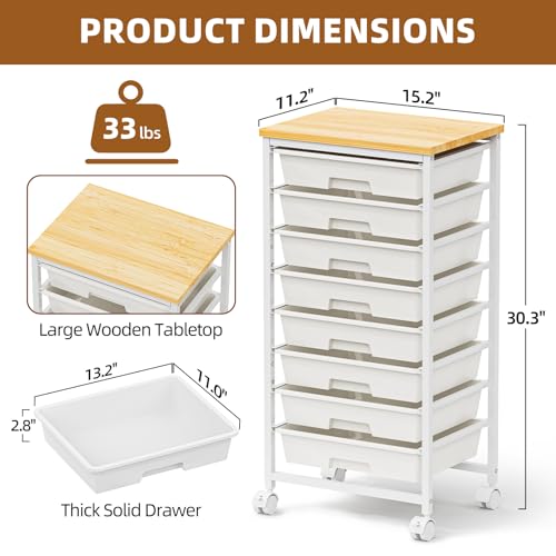 8 Drawer Rolling Storage Cart with Wooden Tabletop & Lockable Wheels | Utility, Movable Craft Storage Organizer, for Living Room Bedroom, Classroom, Office, White