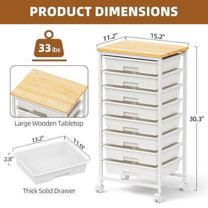 8 Drawer Rolling Storage Cart with Wooden Tabletop & Lockable Wheels | Utility, Movable Craft Storage Organizer, for Living Room Bedroom, Classroom, Office, White