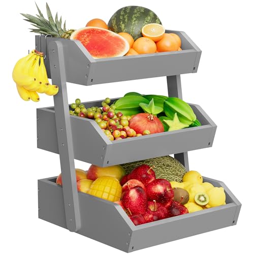 Hellojin Gray Bamboo 3 Tier Fruit Basket for Counter with Banana Hangers | Wooden Tiered Organizer, Protective Mats, Large Capacity, Versatile Holder for Bread, Snacks, Veggies, Onion and Potato - color: Grey-3 tier